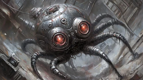 Metallic Arachnid Robot in Industrial Setting