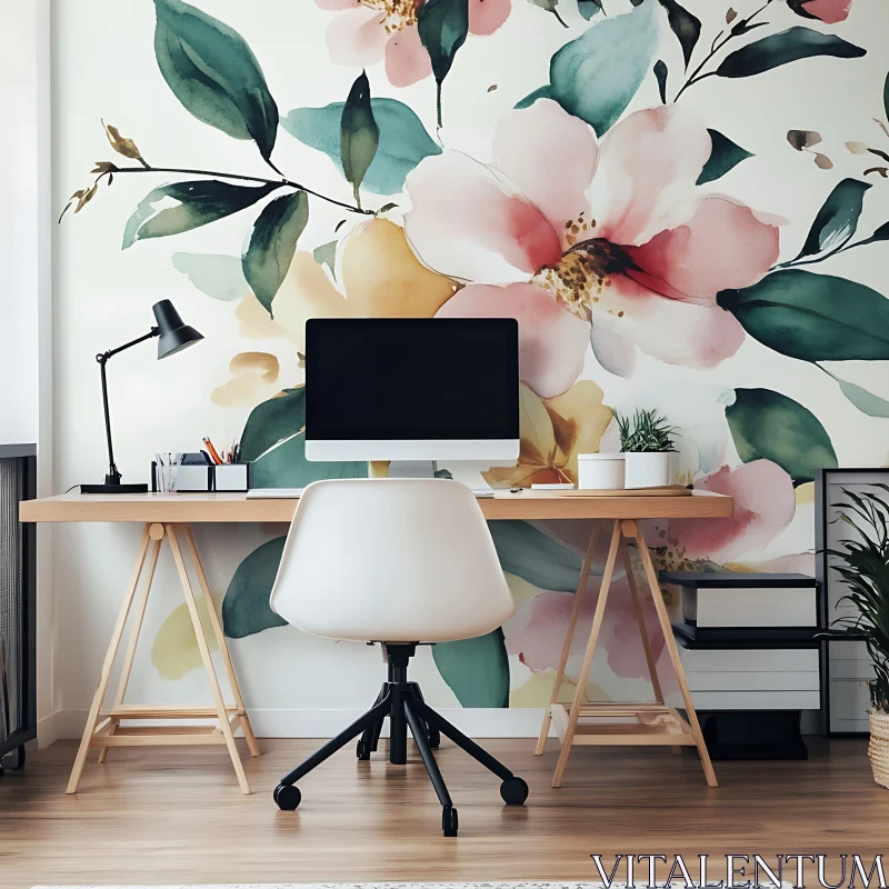 AI ART Floral Wallpaper Home Office Setup