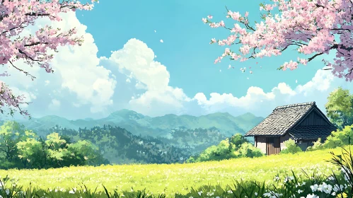 Spring Landscape with Blooming Trees