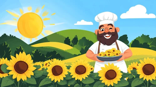 Happy Bearded Chef Among Sunflowers