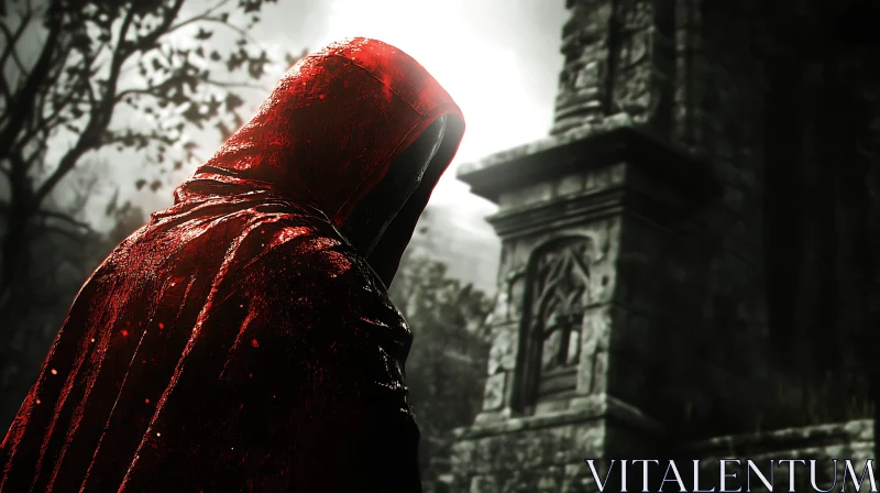 Red Cloak Figure Near Old Ruins AI Image