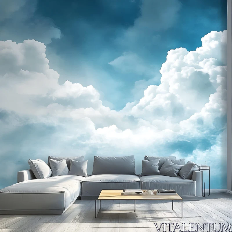 AI ART Tranquil Living Room with Cloud Wall Art