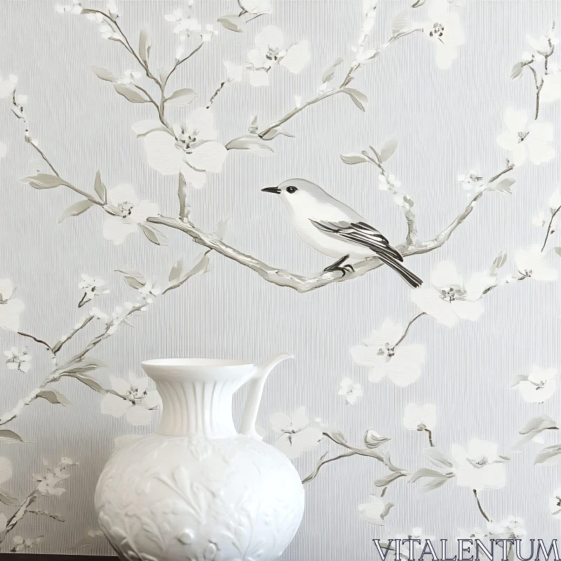 Floral Branch with Bird and Vase AI Image