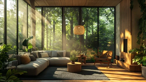 Sunlit Living Room Overlooking Forest