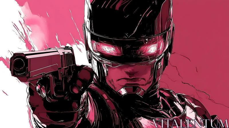 Powerful Cyborg in Red and White Background AI Image