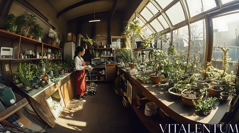 Sunlit Greenhouse with Woman Gardener AI Image