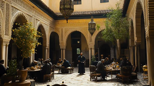 Ornate Architecture with People Dining