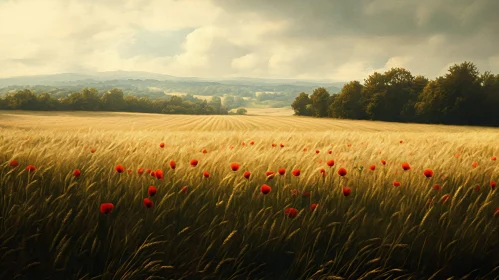 Golden Field and Red Flowers Scenery