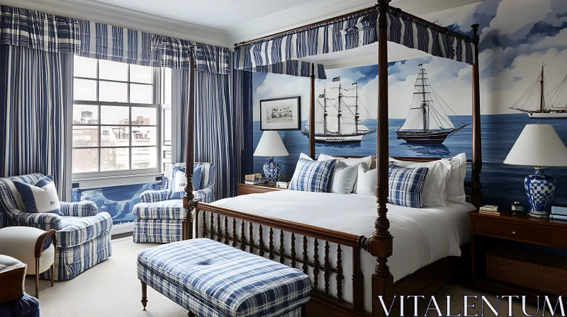 Blue Nautical Themed Bedroom Interior AI Image