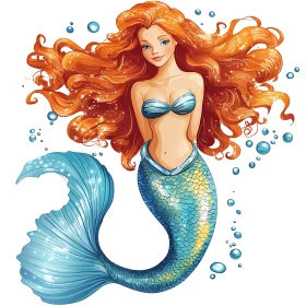 Cartoon Mermaid with Flowing Red Hair