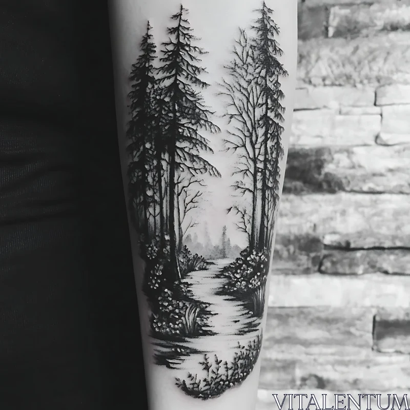 Black and White Forest Scene Arm Tattoo AI Image