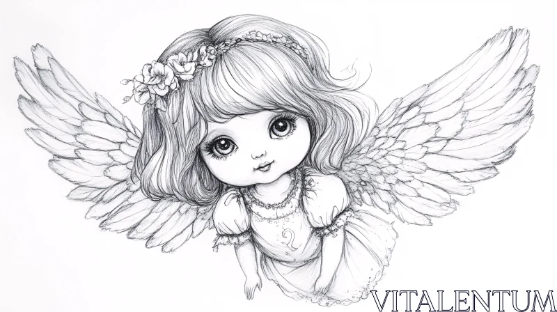 AI ART Whimsical Angel Drawing with Flower Crown