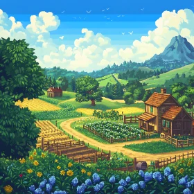 Charming Pixel Art of a Farm with Blooming Fields