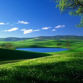 Scenic View of Rolling Hills and Lake