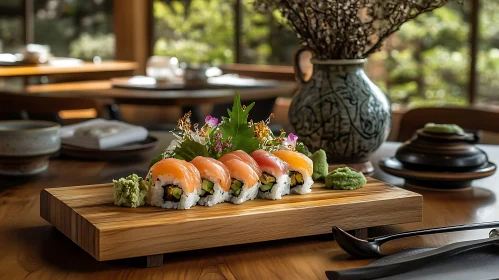 Artistic Sushi Presentation with Traditional Decor