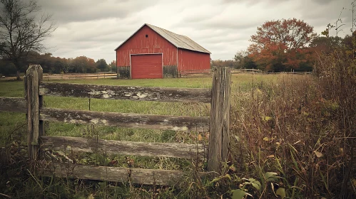 Rustic Barn Scene with Wooden Fence