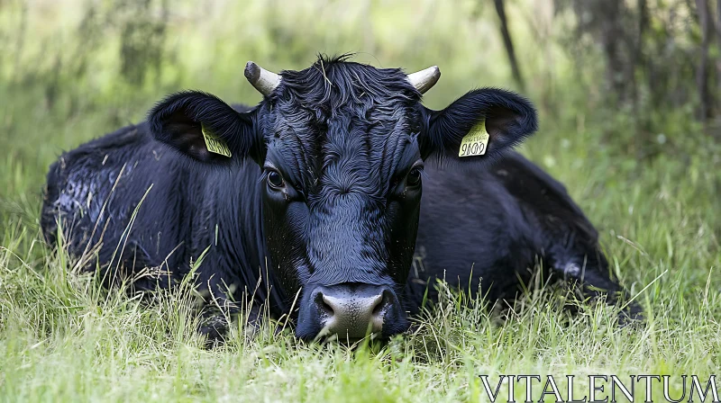 Black Cow Resting in Green Pasture AI Image