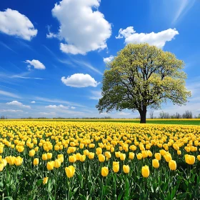 Field of Yellow Tulips and Tree