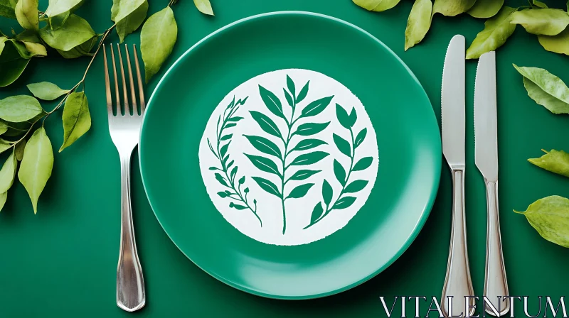 Nature-Inspired Table Setting with Green Plate and Leaves AI Image