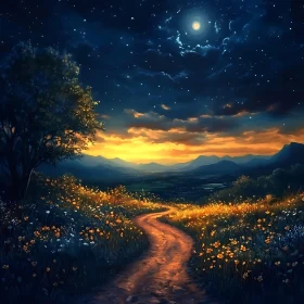 Starry Night Landscape with Flower Path