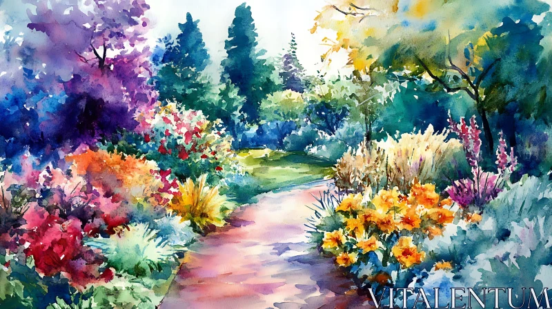 Floral Watercolor Garden Landscape AI Image