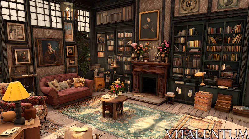 Vintage Library Room With Books AI Image