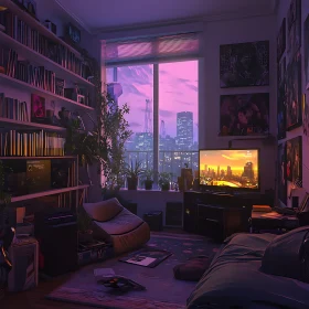 Cozy Room Interior with Cityscape Sunset