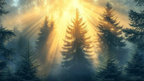 Mystical Morning Sunbeams in Forest