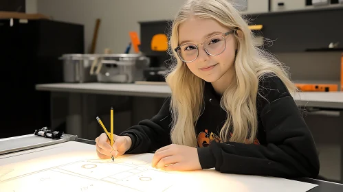 Girl Drawing with Pencils in Study Environment