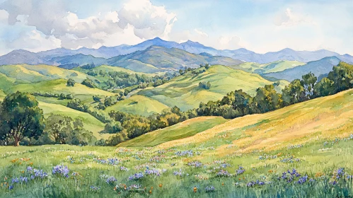 Peaceful Hillside Scenery with Wildflowers