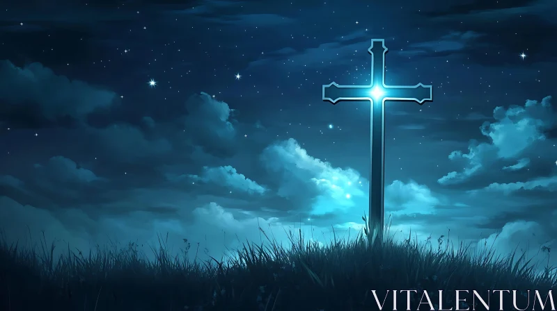 AI ART Glowing Cross in the Night Landscape