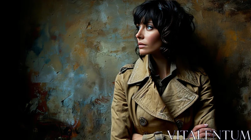 Close-Up Portrait of a Thoughtful Woman in a Brown Trench Coat AI Image