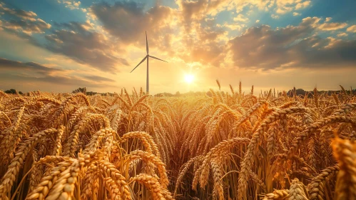 Sunset Over Wheat Field with Turbine