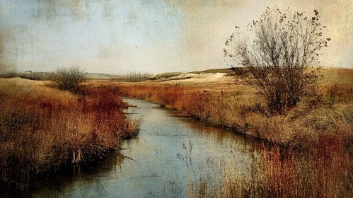 Autumn River in Peaceful Grassy Field