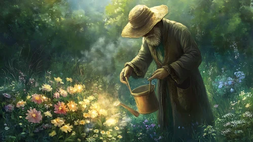 Gardener's Touch: Watering Flowers Artwork