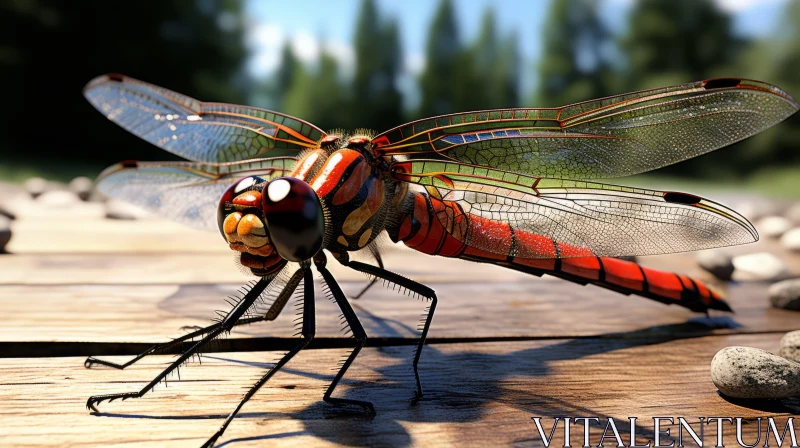 Detailed Red Dragonfly Resting on a Wooden Plank AI Image