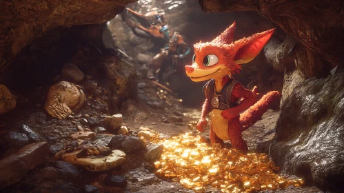 Cartoon Fox with Gold Treasure