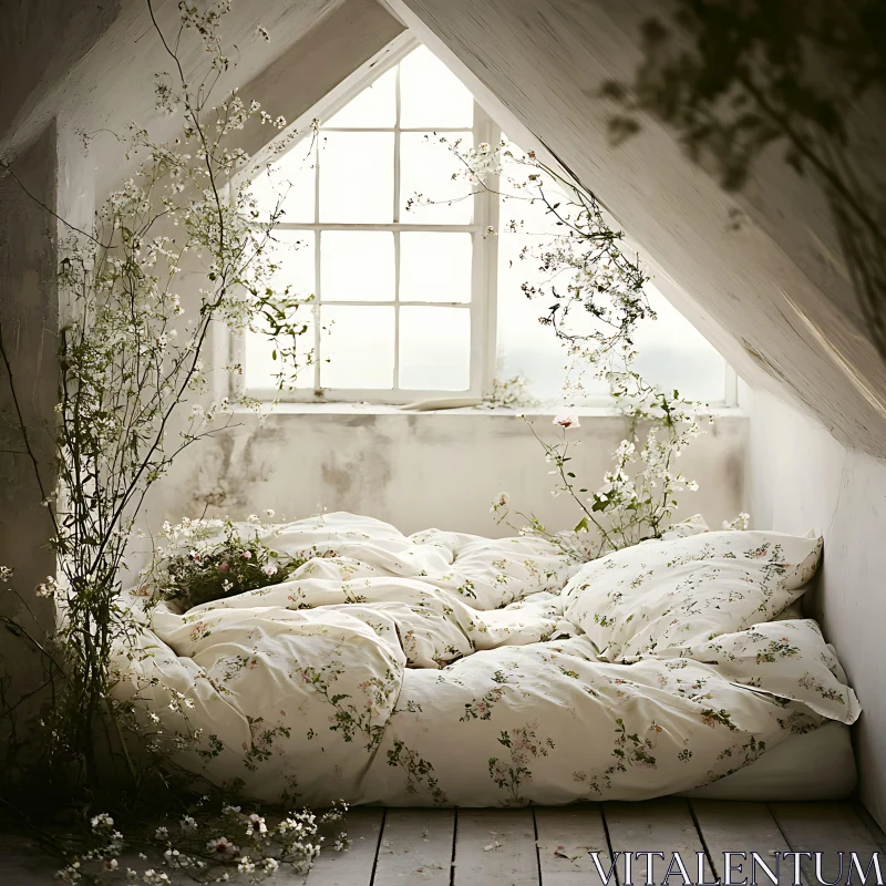 AI ART Cozy Floral Bedroom in Attic Space