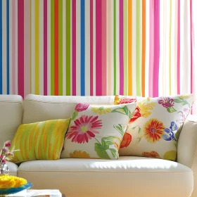 Colorful Striped Wallpaper and Floral Pillows