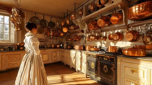 Woman in Antique Kitchen with Copper Cookware