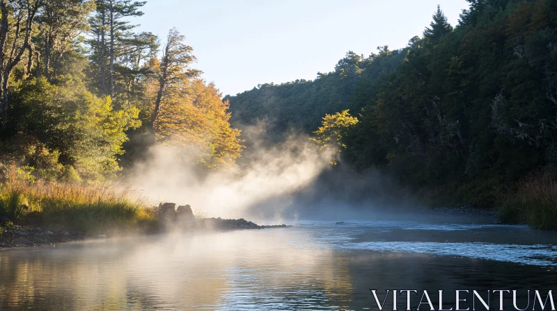 AI ART Tranquil Misty Forest River Landscape