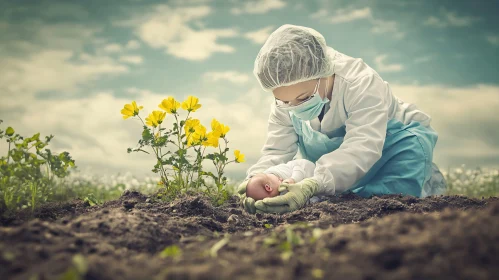 Newborn Protected in a Field of Flowers