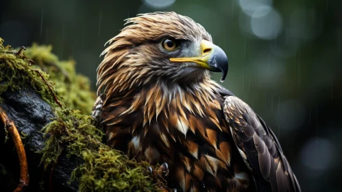 Golden Eagle on Mossy Branch - Digital Art Fauna