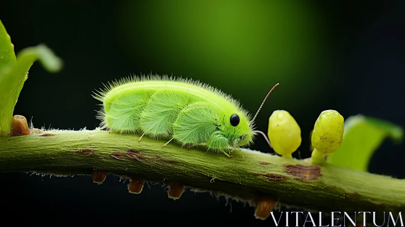 AI ART Green Caterpillar on Branch: A Detailed Natural Portraiture
