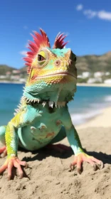 Green Lizard on Beach: Photorealistic Fantasy with Elaborate Costumes
