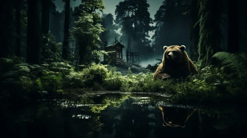Mysterious Bear Near Waterfall in Surreal Natural Setting