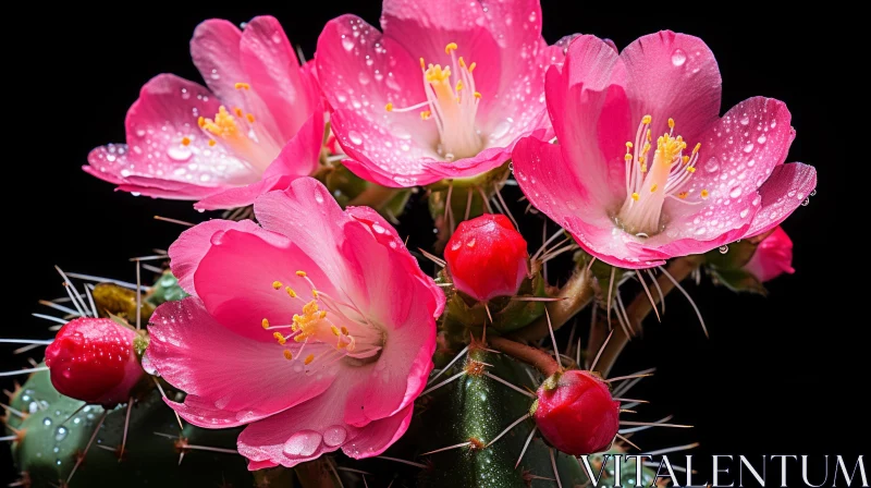 Pink Cactus Flowers Against Black Background AI Image