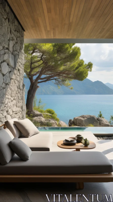 AI ART Serene Stone Patio with Outdoor Lounge Bed | Italian Landscapes