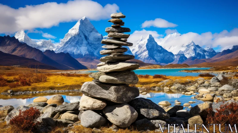 Stack of Rocks Against a Majestic Mountain - Himalayan Art Inspired AI Image