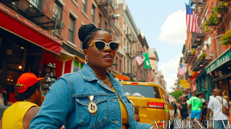 Stylish Young Woman in Denim Jacket: Vibrant Street Scene AI Image